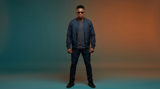 Black man portrait, standing tough with serious expression, wearing navy blue bomber jacket and sunglasses, creative dual tone lighting background, ideal for fashion advertising, marketing campaign.