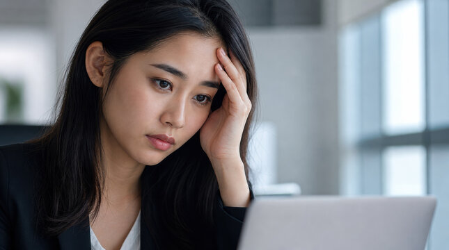 Overwhelmed Asian office employee pausing at desk, touching forehead with concern while facing laptop during stressful workday in modern workplace setting