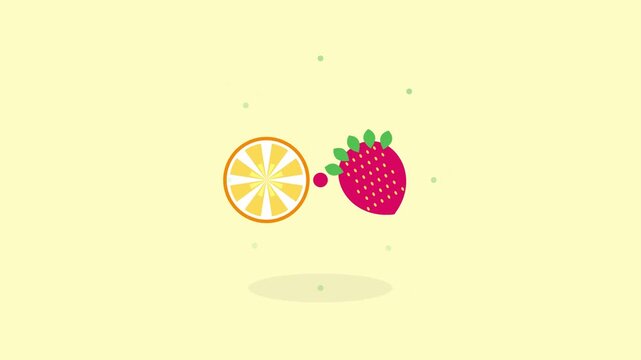 Flat Vector Animation of Fresh Strawberry and Lemon Slice Splashing on Yellow Background.