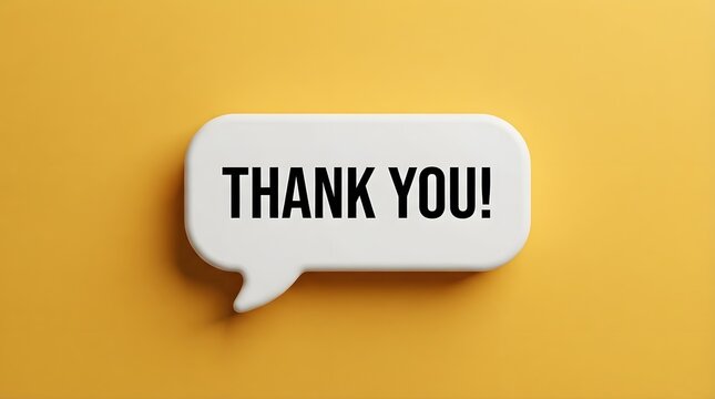 White speech bubble with thank you text on a solid yellow background surface