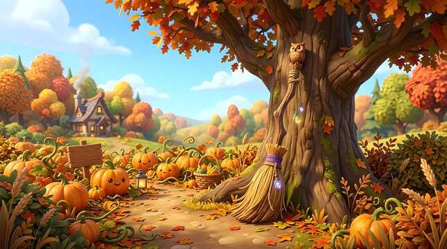 Witch broomstick leaning against large autumn tree in a pumpkin patch. Magical Halloween fantasy landscape