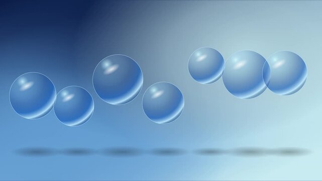 Sph&egrave;res de verre bleu translucides flottant au-dessus d&rsquo;ombres r&eacute;fl&eacute;chissantes