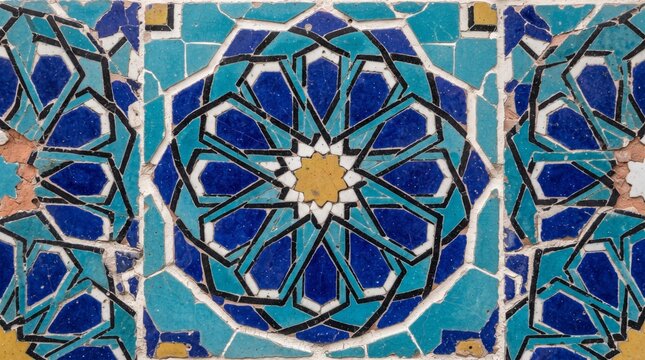 Generated with AI Geometric star ornament pattern of Persian ceramic tiles in turquoise blue yellow and white traditional Islamic art style