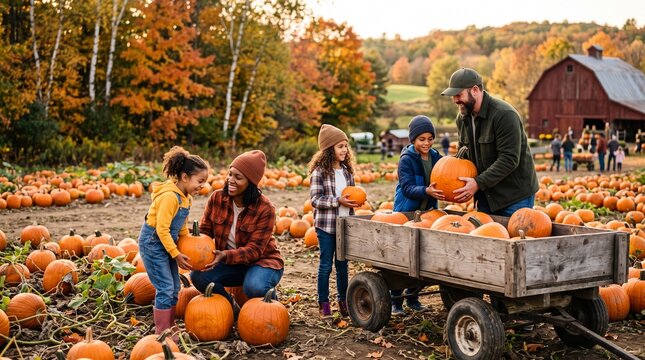 Happy family picking pumpkins together at a farm during the autumn harvest season.
