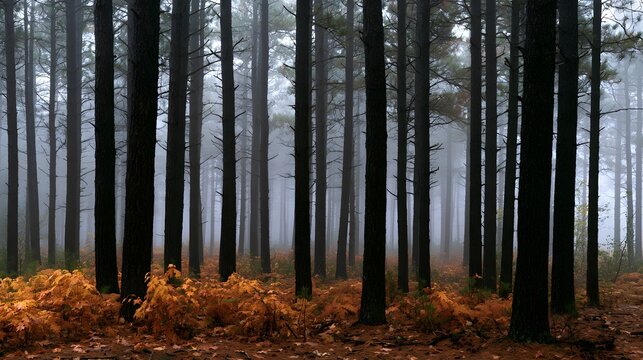 Dense pine forest in autumn with thick fog and vibrant orange ferns