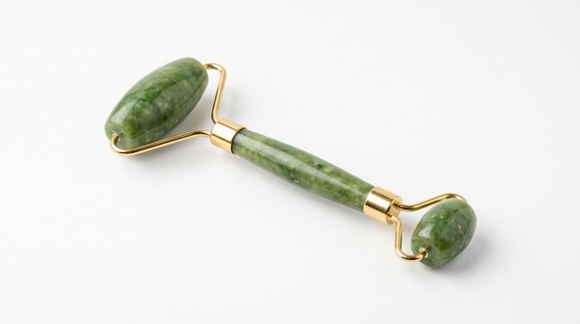 Green jade roller for facial massage, natural stone beauty tool with gold metal frame, skincare accessory for anti-aging and lymphatic drainage isolated PNG with Transparent Background