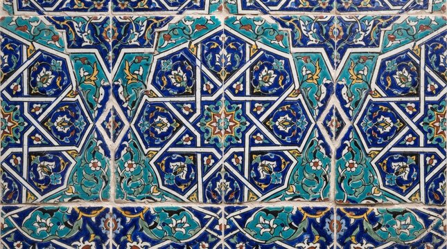 Generated with AI. Persian ceramic mosaic tilework pattern with symmetrical Islamic geometric stars in blue.
