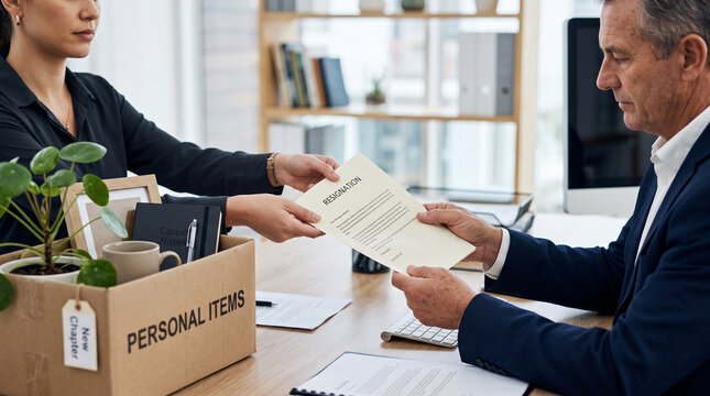 Close-up of an employee handing a resignation letter to a manager beside a cardboard box, representing quitting a job, career change, voluntary departure and employment termination