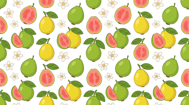 Seamless pattern of fresh guava fruits, slices, and flowers on white background vector illustration