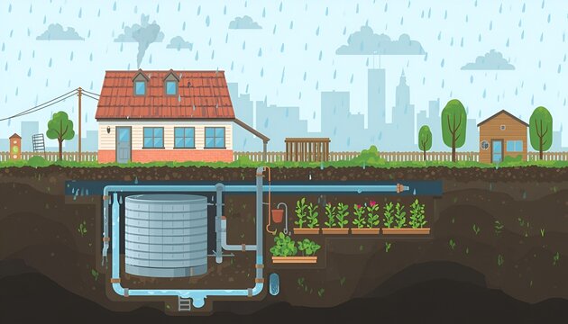 Rainwater harvesting system vector illustration with underground water storage tank and house cross section