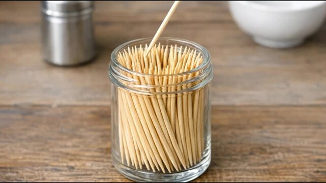 Close-up of a person holding a toothpick in a glass jar