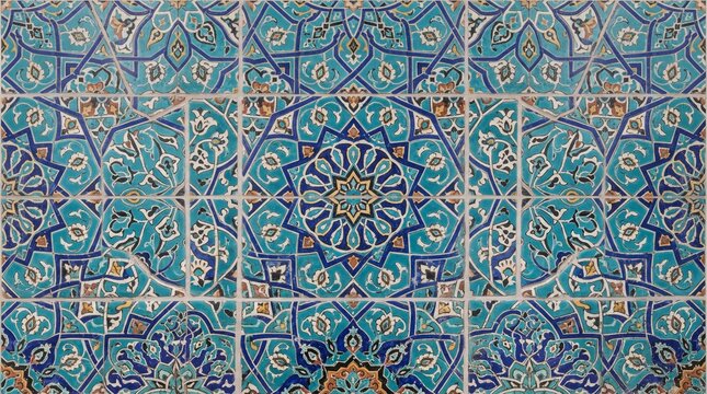 Generated with AI Persian ceramic wall ornament pattern with symmetrical geometric motifs in turquoise blue and white colors.