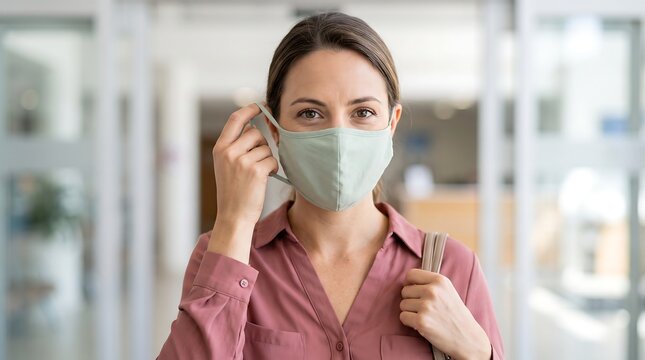 A woman in a pink shirt adjusts her light green face mask in an indoor setting, looking directly at the viewer.