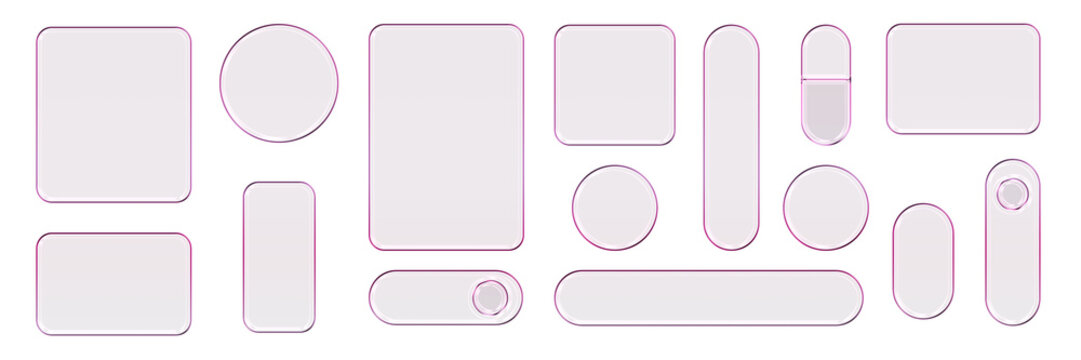 Transparent glass elements with liquid morphism effect for ui design and modern interfaces. Rounded rectangles, circles and buttons with frosted blur overlay. Glassmorphism components for web or app