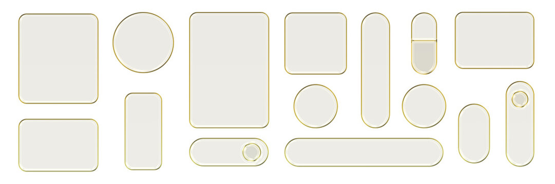 Transparent glass elements with liquid morphism effect for ui design and modern interfaces. Rounded rectangles, circles and buttons with frosted blur overlay. Glassmorphism components for web or app