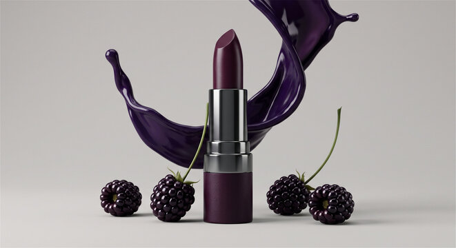 Dark purple lipstick with liquid splash, blackberry fruit cosmetic concept, luxury makeup product photography