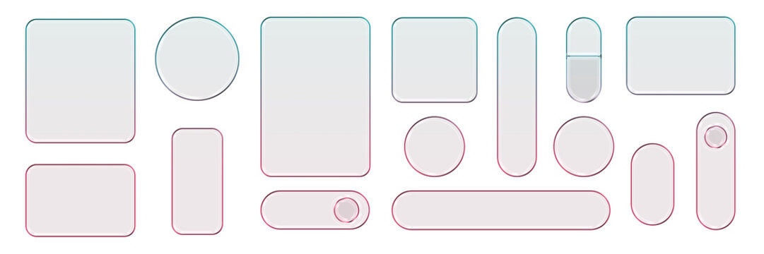 Transparent glass elements with liquid morphism effect for ui design and modern interfaces. Rounded rectangles, circles and buttons with frosted blur overlay. Glassmorphism components for web or app