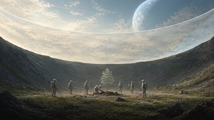 Settlers welcoming a young tree beneath a vast translucent planetary dome  a cinematic science fiction concept exploring ecological restoration, hopeful colonization and community ritual © Versa