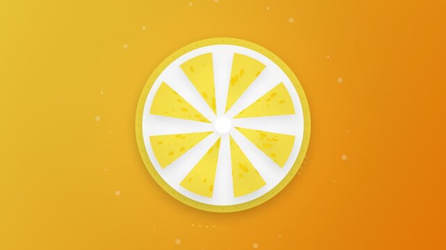 Minimalist animated lemon slice rotating on bright orange background with fizzy rising bubbles.