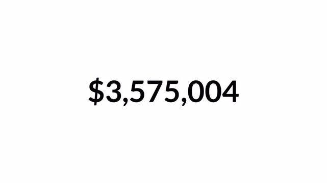 dollar number counter animation 0 to 10000000 on white transparent background, zero to ten million with dollar sign in 4k animation with alpha channel.