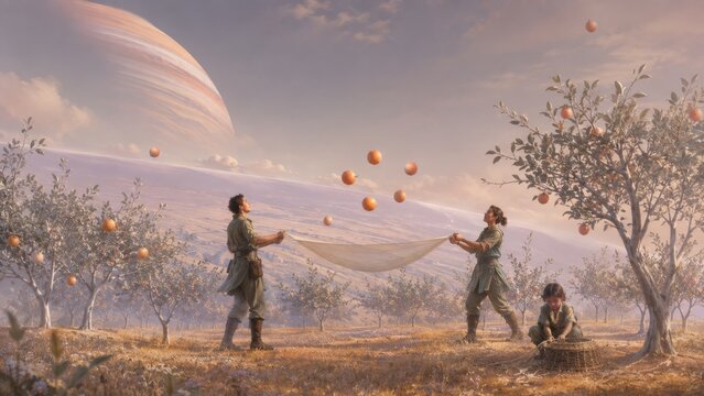 Farmers catching ripe fruit floating above an orchard in gentle gravity; an imaginative future world visual for low gravity farming, future food production, space agriculture and sustainable harvest