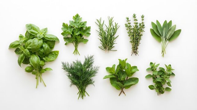 Assortment of fresh culinary herbs isolated on white background, including basil, rosemary, thyme, mint, dill, parsley, sage and oregano