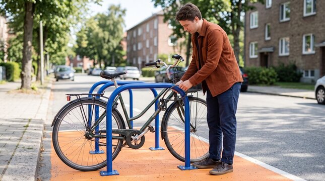 Commuter secures bicycle at a color coded parking bay