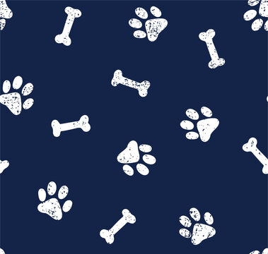 White dog paw prints and bones scattered across a dark navy blue background with a distressed texture