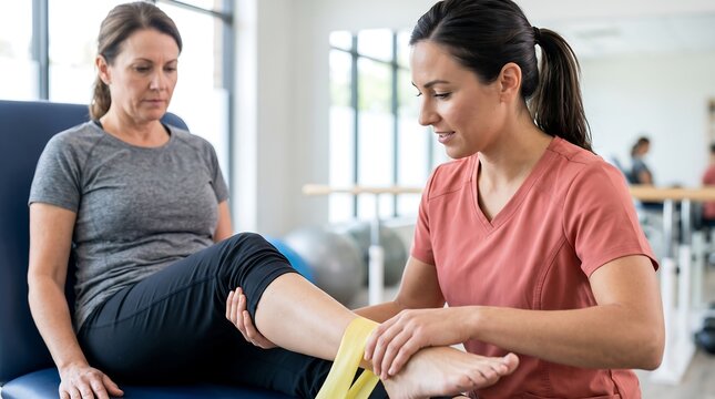 Physical therapist assisting a patient with ankle rehabilitation using resistance bands in a clinic setting.