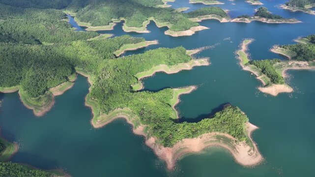 Aerial view of Ta Dung Lake with many islands in Dak Nong, central Vietnam.