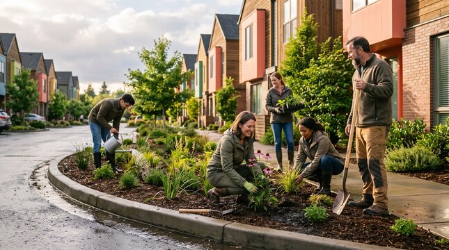 Volunteers build a rain garden beside modern homes