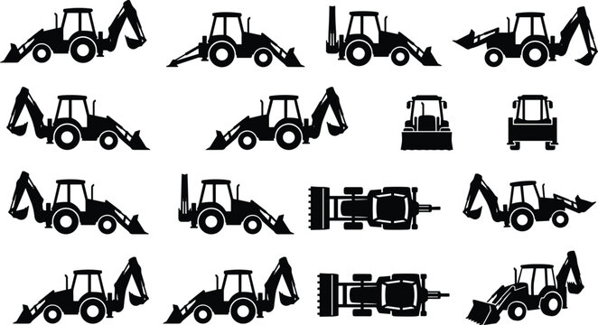 Backhoe loader vector icon set, construction machinery silhouettes in various views
