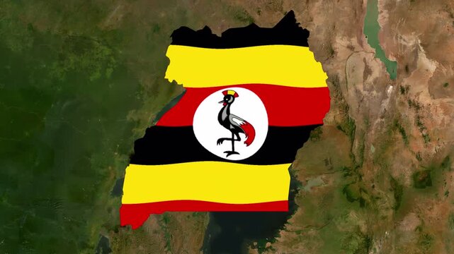 Satellite map animation of Uganda with moving clouds, growing ink-shape waving flag of the country, gradient outline indicating the border. Highlighted territory.