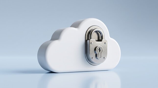 Minimalist white cloud with metallic padlock icon on light blue background represents secure cloud computing storage and private data hosting services for tech.