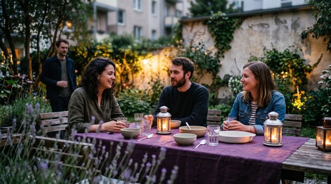 Guests linger in a violet courtyard after dinner