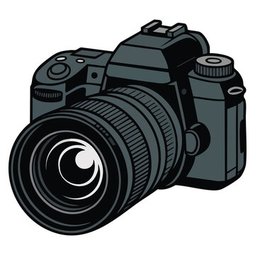Digital SLR camera system with lens in vector illustration ideal for photography equipment and technology themed designs