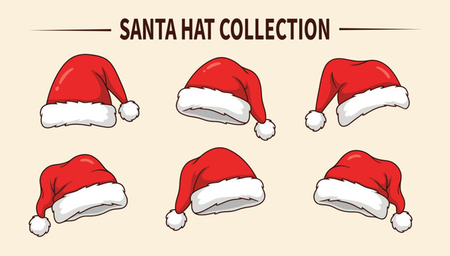 Collection of six different red santa claus hats