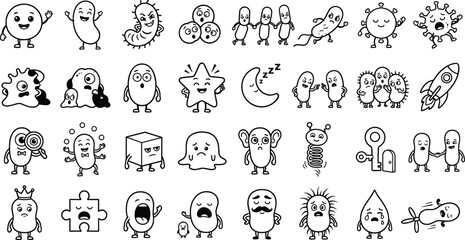Obraz premium Cute microorganism character collection featuring friendly germs, bacteria, cells, microbes, emotions, science concepts, and playful educational illustrations