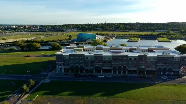 Aerial views of Syracuse, New York near the Inner Harbor