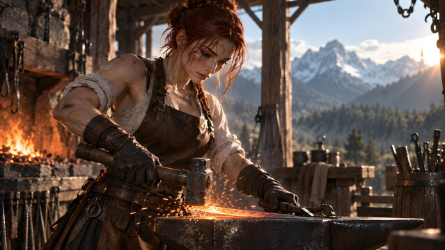Female blacksmith forging a glowing blade in a fantasy workshop
