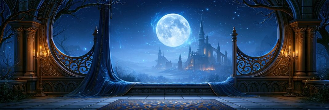 Fantasy castle under a full moon at night