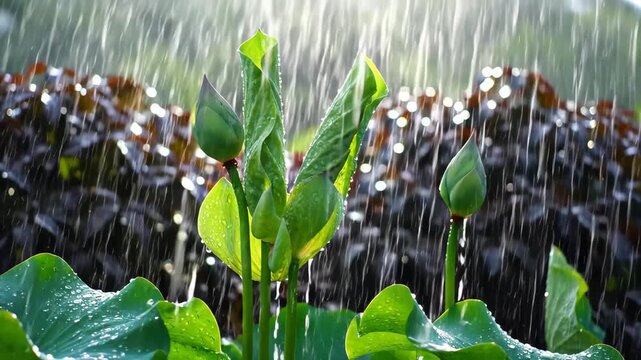 Upright lotus buds and folded green leaves tremble beneath a bright downpour, rain streaks glowing against a dark wetland backdrop as droplets gather along fresh tropical foliage in summer light