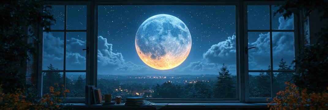 Full moon over a forest town seen through a window