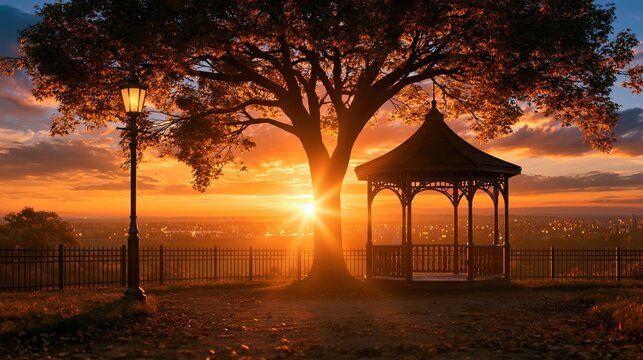 Gazebo and lamp post at sunset with city view
