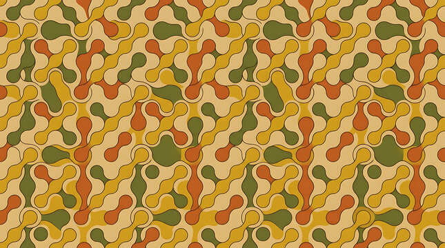 Retro seamless pattern displays interlocking organic shapes in warm earthy tones of orange, green, and yellow.
