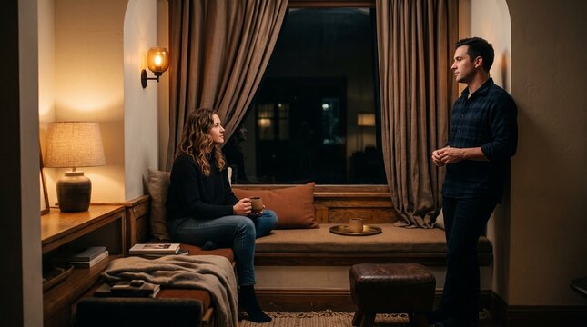 Friends linger beside the lamp-lit window seat
