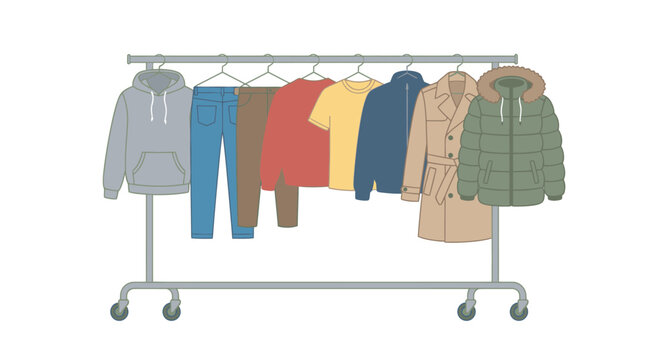 Clothing rack with colorful winter garments and casual wear vector illustration in flat style