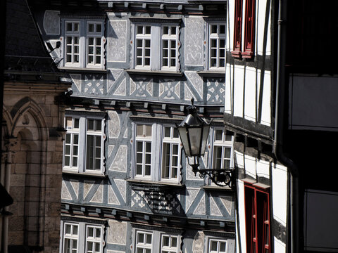 Historic Half-Timbered Facade with Ornate Carvings in Marburg Germany