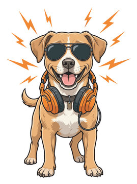 Cool dog mascot character wearing sunglasses and headphones featuring music, energy, pet lifestyle, and entertainment.
