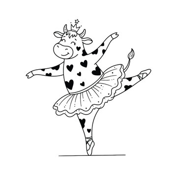 Cute cartoon cow ballerina dancing